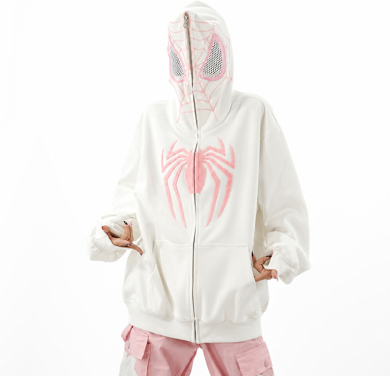 White hoodie with pink spider design on a white background