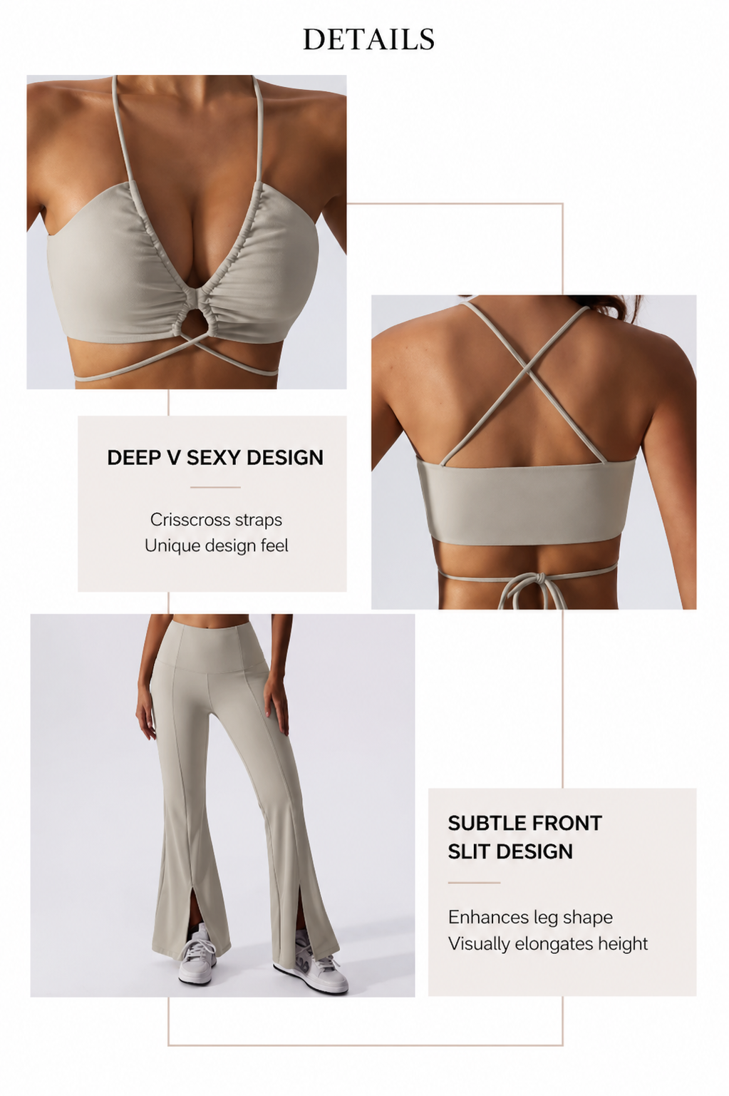 Beige sports bra and leggings with design details on a white background