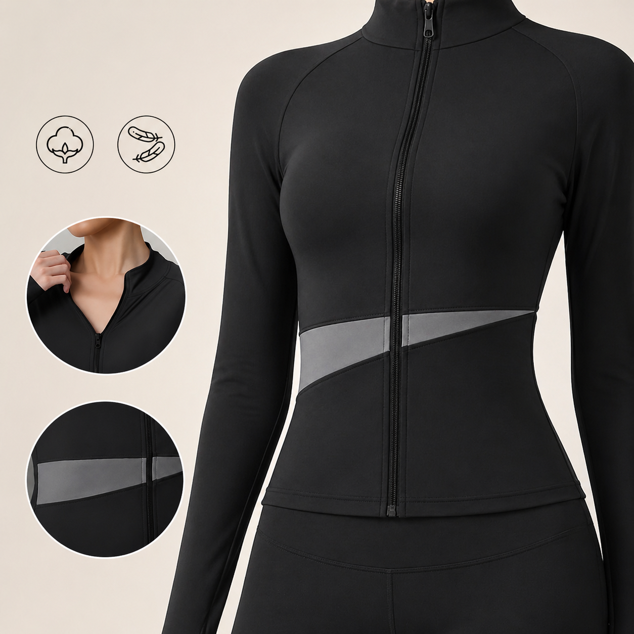 Black athletic jacket with mesh panels on a beige background