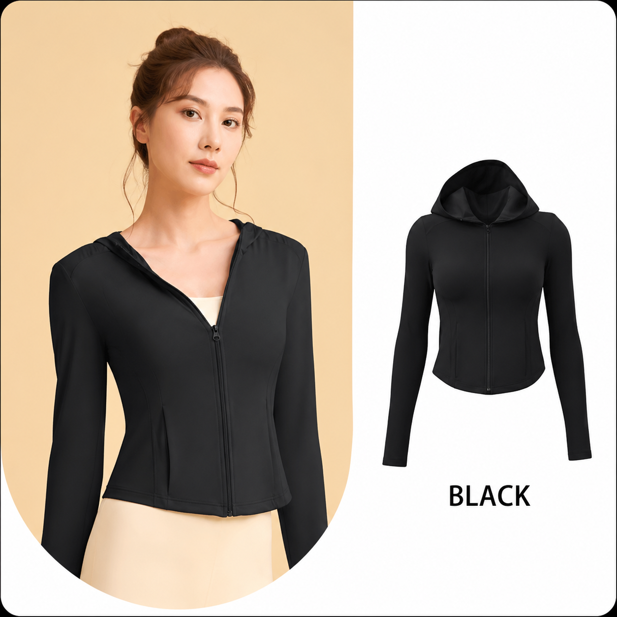 Black zip-up hoodie worn by a model on a beige background with a close-up of the hoodie on a white background.