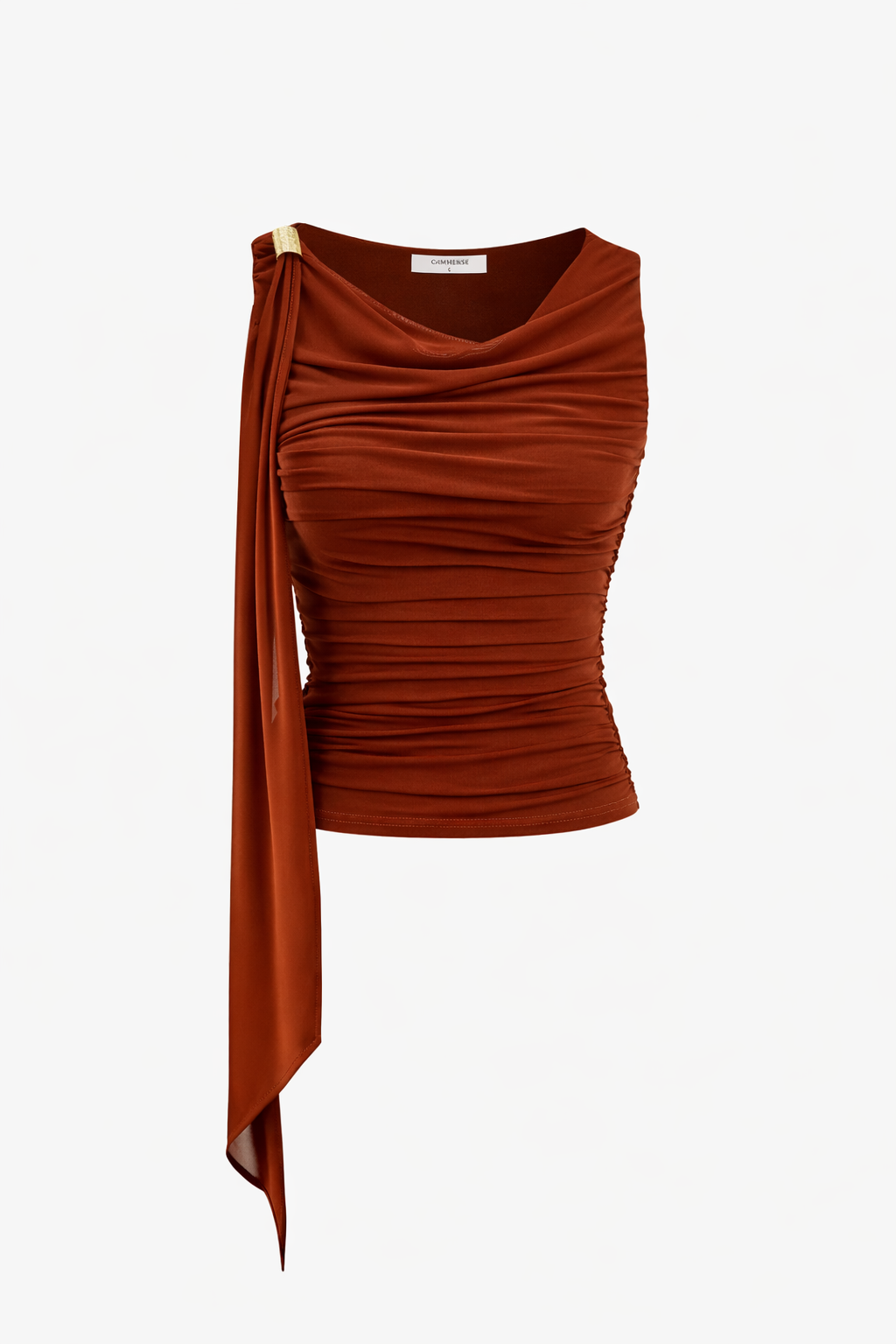 Brown ruched top with a draped design on a white background