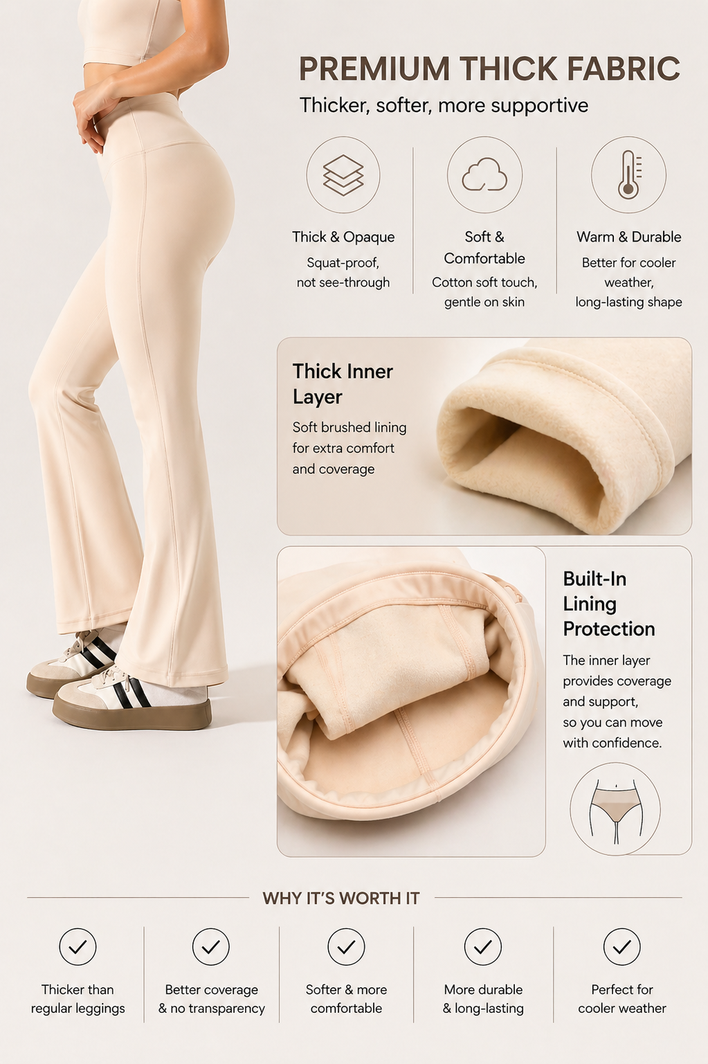 Beige leggings with text highlighting features like thick fabric, soft lining, and built-in protection.