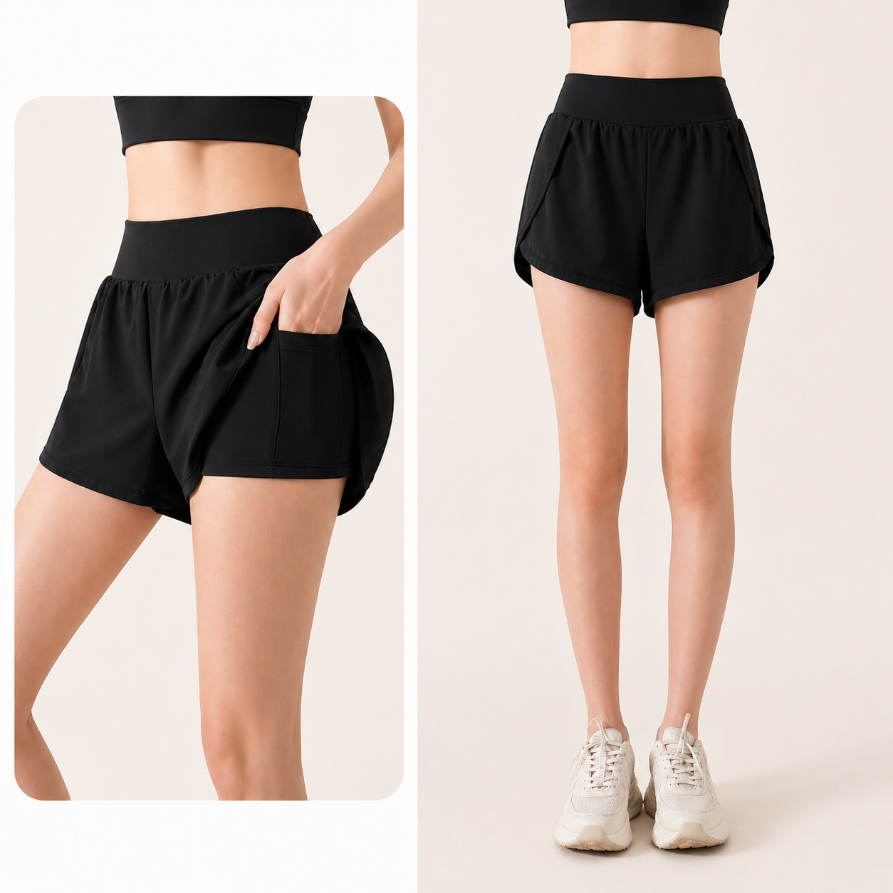 Black athletic shorts worn by a person on a plain background