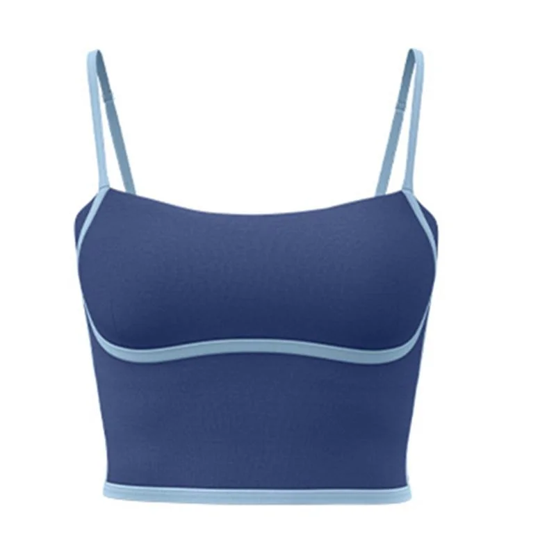 Blue sports bra with thin straps on a white background