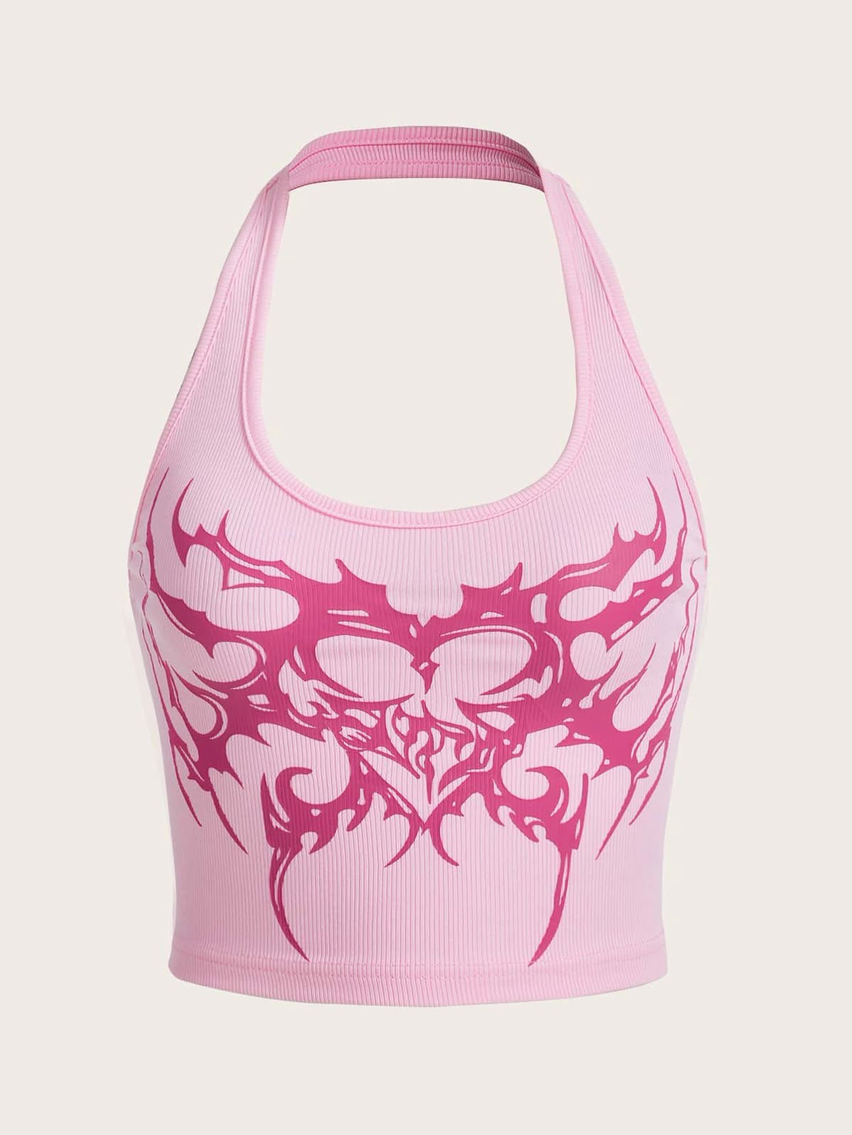 Pink sports bra with tribal design on a light pink background