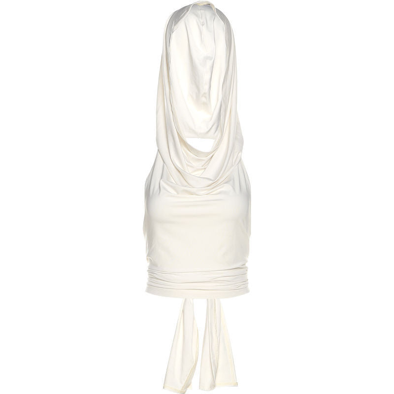 White dress with a draped design on a white background