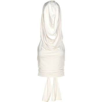 White dress with a draped design on a white background